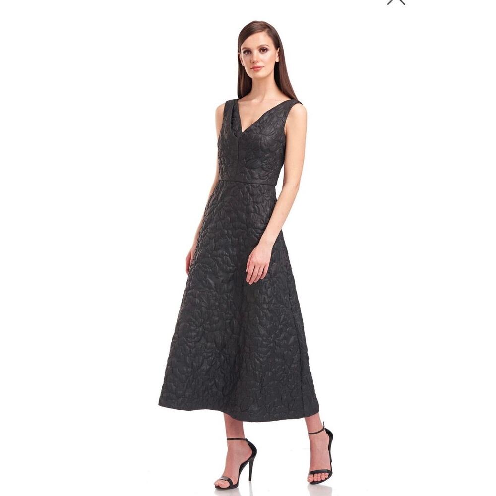 Kay Unger Sloane Tea Length Dress Black Quilted Brocade Size 4